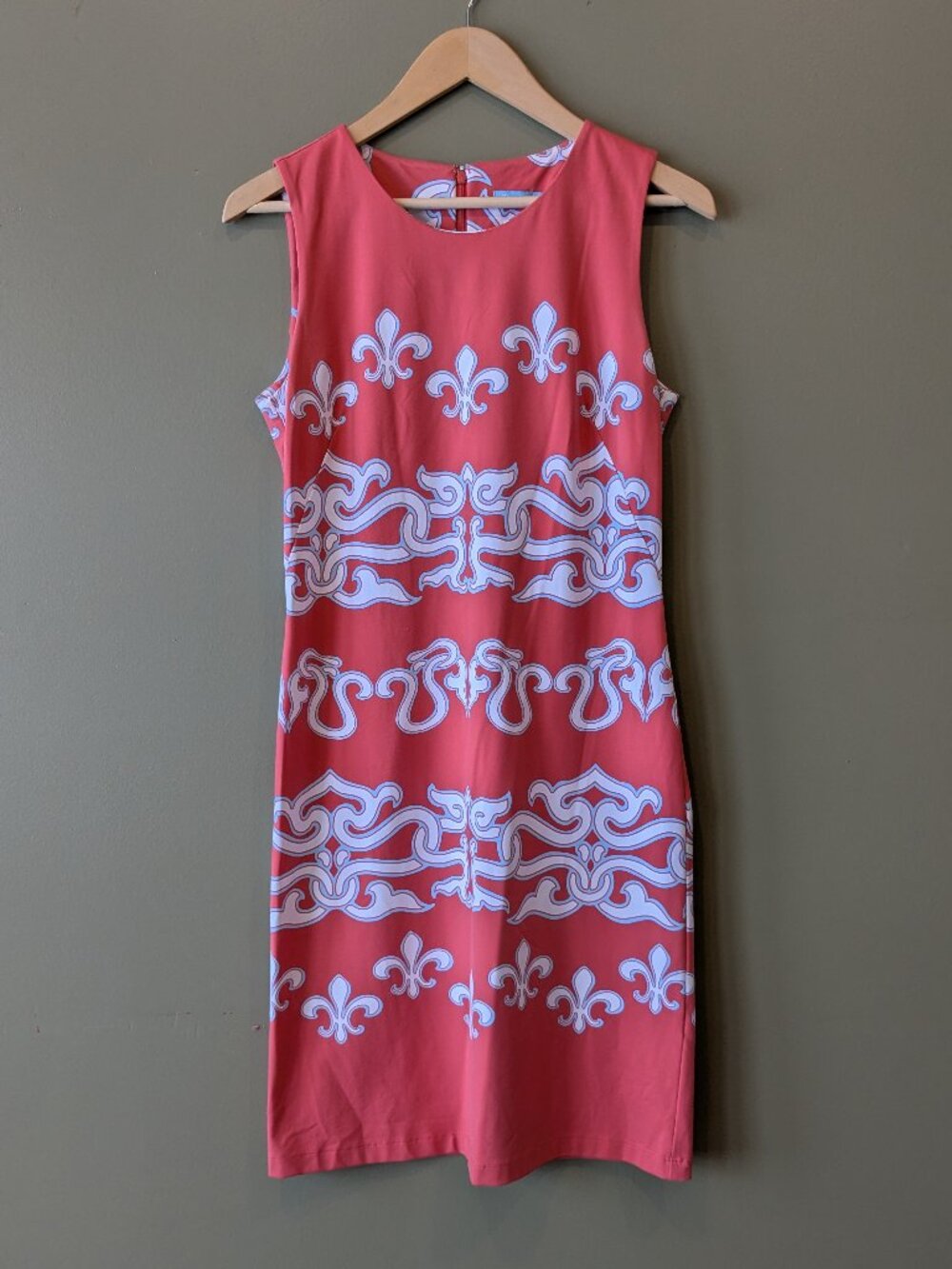 J McLaughlin Dress Small Coral Catalina Cloth Fleur De Lis Sleeveless Shift